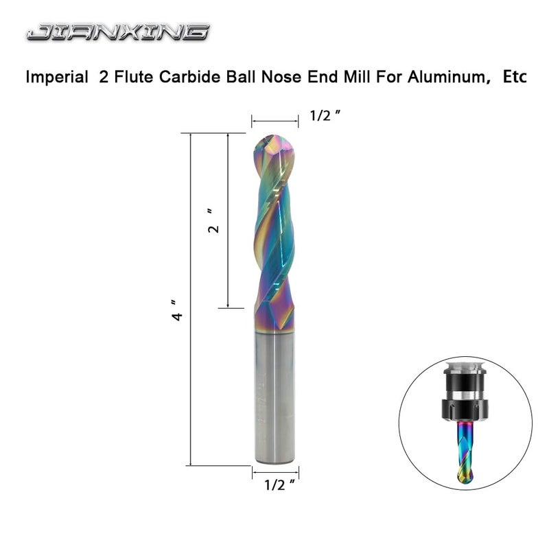 JIANXING 1/2" Extra Long DLC Coated 2-Flute Carbide Ball Nose End Mill, Ideal for Aluminum, Copper Alloys, and Plastic Machining – High Precision & Wear-Resistant Cutting Tool (1 Pieces) - Image 2